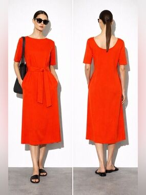 COS Bright Orange Midi Dress with Pockets Size S Minimalist Made in Portugal